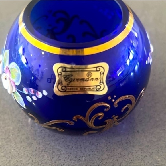 Egermann Bohemian Crystal Bowl In Cobalt Blue Gold And Gilt Applied Flowers - Picture 2 of 9